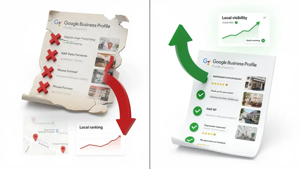 Common Google Business Profile mistakes including NAP issues, review risks, and outdated business details