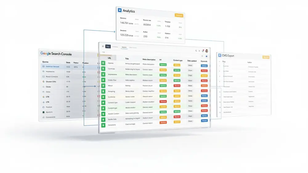 Advanced SEO content inventory strategy with business value, search intent, and action prioritization