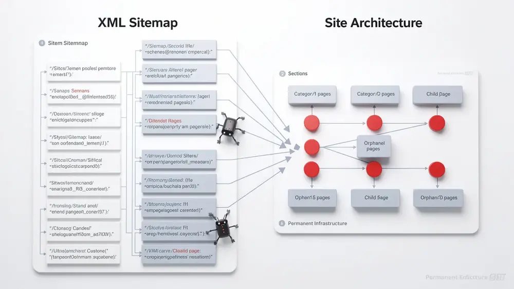 Advanced sitemap strategy showing sitemap index files, lastmod validation, Search Console reports, and crawl data comparison