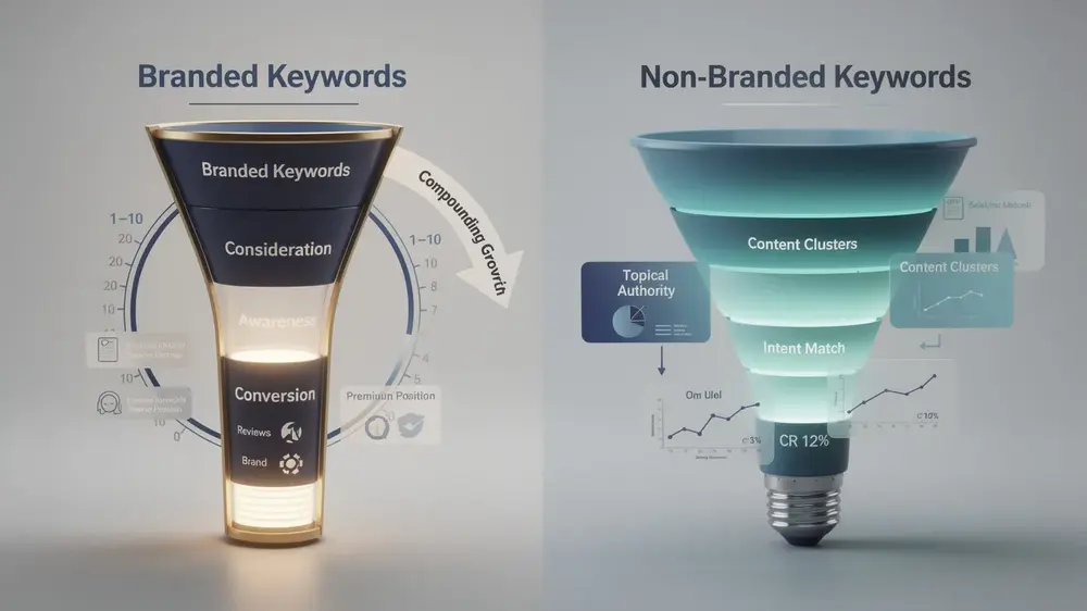Branded and non-branded keyword performance compared in SEO reporting