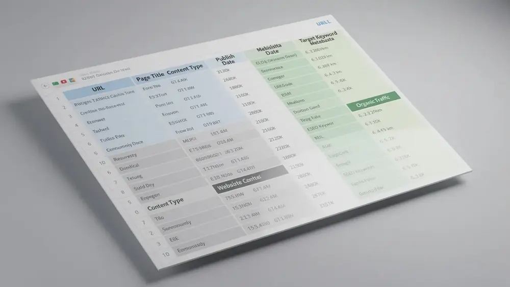 SEO content inventory spreadsheet with URL, metadata, keyword, traffic, and action columns
