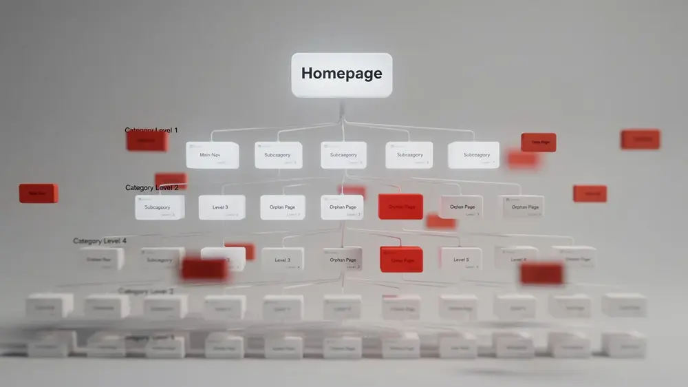 Common site architecture mistakes including orphan pages, broken links, deep pages, and duplicate categories
