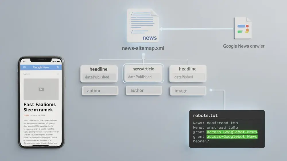 Technical requirements for Google News optimization including sitemap, schema, and crawlability