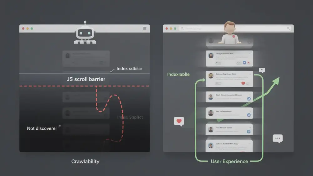Visual explanation of infinite scroll visibility problems for search engines