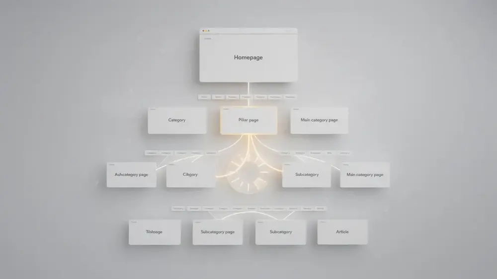 Example SEO site architecture showing homepage, category pages, subcategory pages, and supporting articles