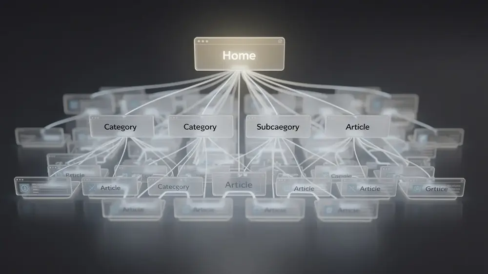 Diagram showing how site architecture connects the homepage, categories, subcategories, and individual pages