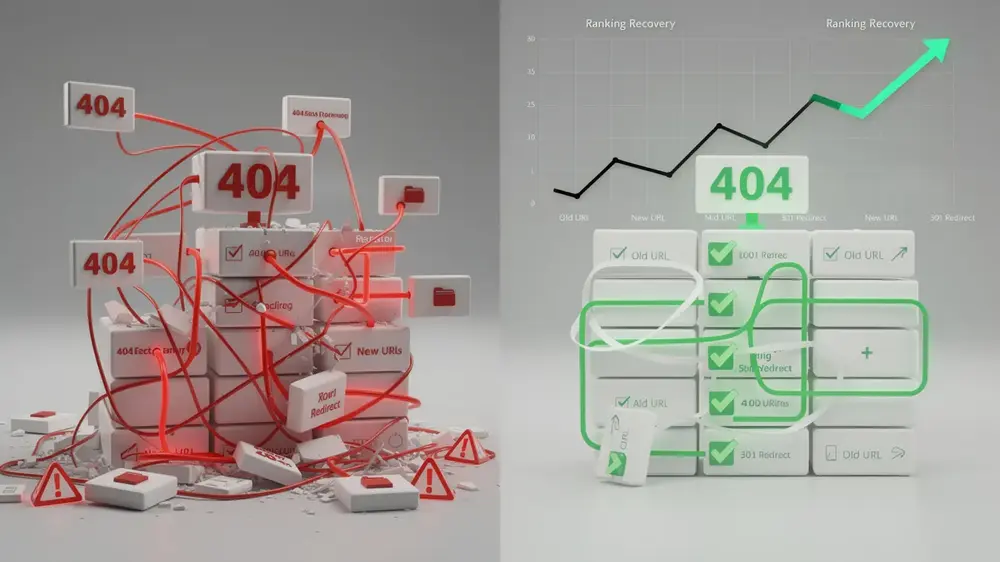 Website migration risks including 404 errors, lost backlinks, redirect chains, crawl issues, and ranking drops