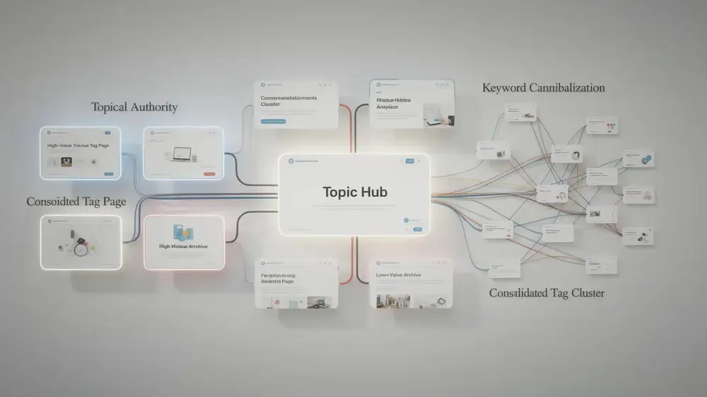 Illustration of tag archive pages connecting related SEO articles within a website structure