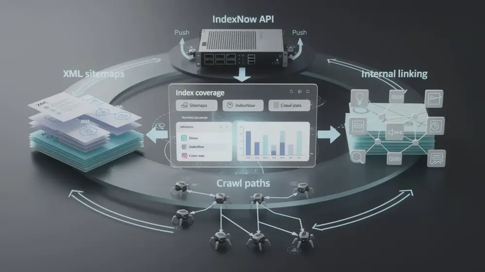 Advanced IndexNow strategy combining URL notifications, XML sitemaps, internal links and crawl monitoring