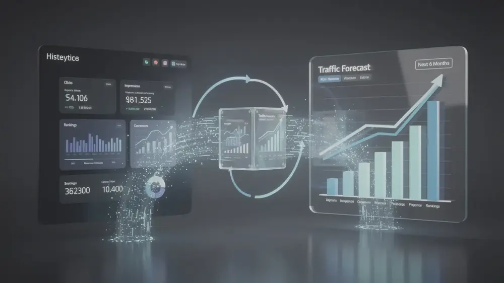 SEO forecasting process using traffic, CTR, conversion rate, and revenue data