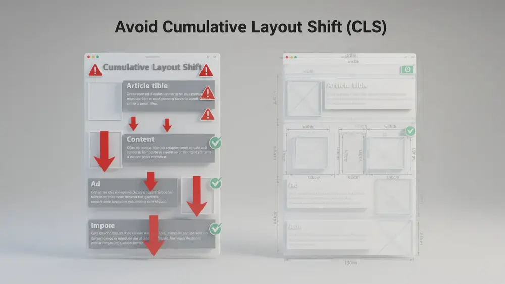 Common CLS mistakes including missing image dimensions, late ad slots, and font reflow