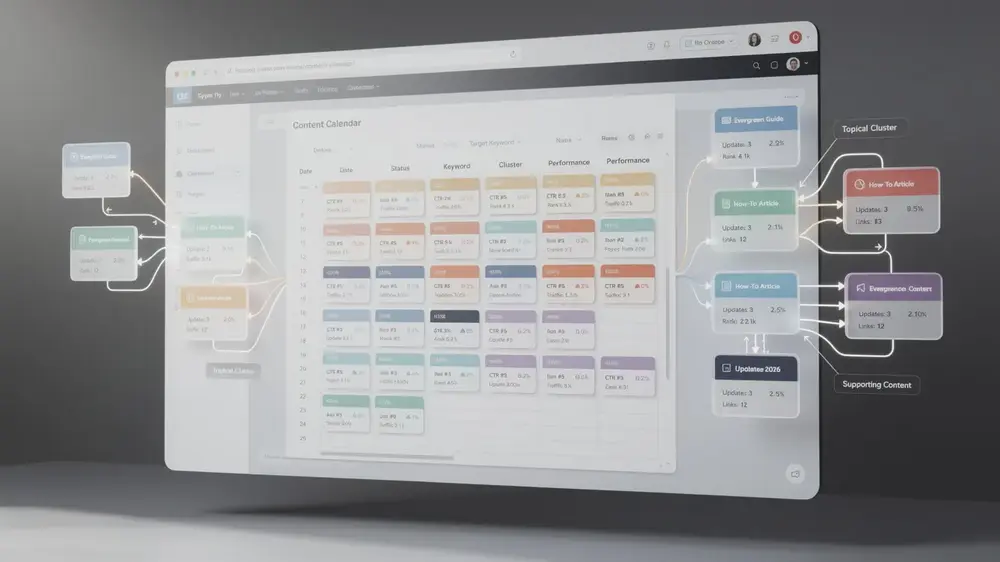 SEO content calendar planning updates, incoming links, outgoing links, and page review dates