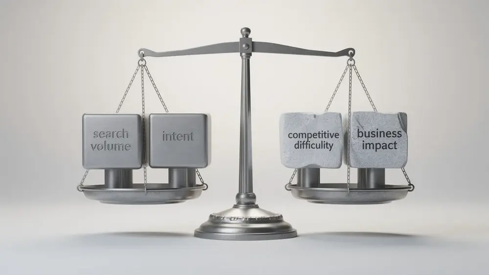 SEO content prioritisation model balancing intent, business value, effort, confidence, and timing