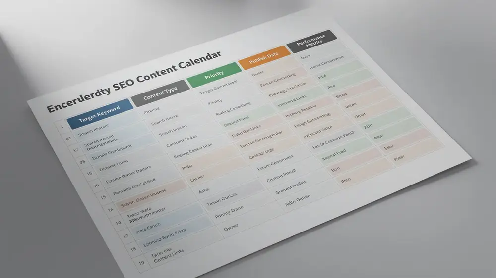 SEO content calendar fields for query, intent, market, owner, status, deadlines, links, and KPI