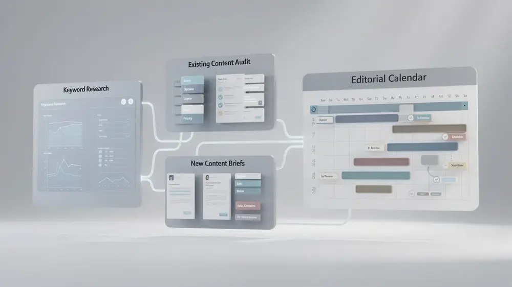 Workflow moving keyword research through mapping, prioritisation, approval, and scheduling