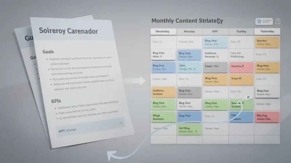 SEO content calendar connecting strategy, approved tasks, owners, deadlines, and performance reviews