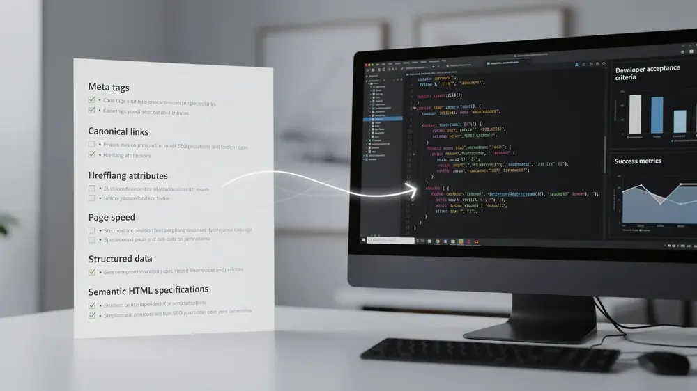 SEO handoff checklist showing requirements passed from an SEO specialist to a development team