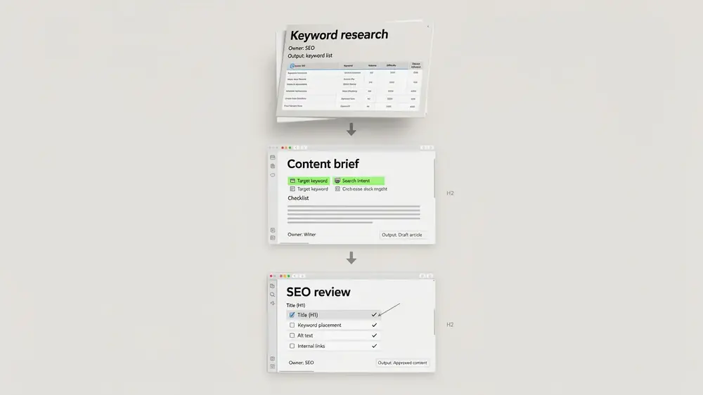 Writer checklist covering audience, search intent, sources, structure and internal links