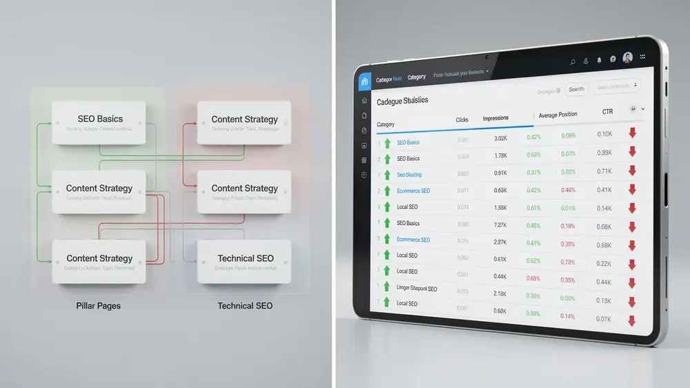 SEO performance grouped by category and topic cluster for quarterly trend analysis