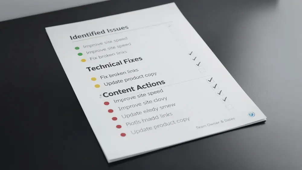 Prioritised 90-day SEO action plan with evidence, owners, dates and verification steps